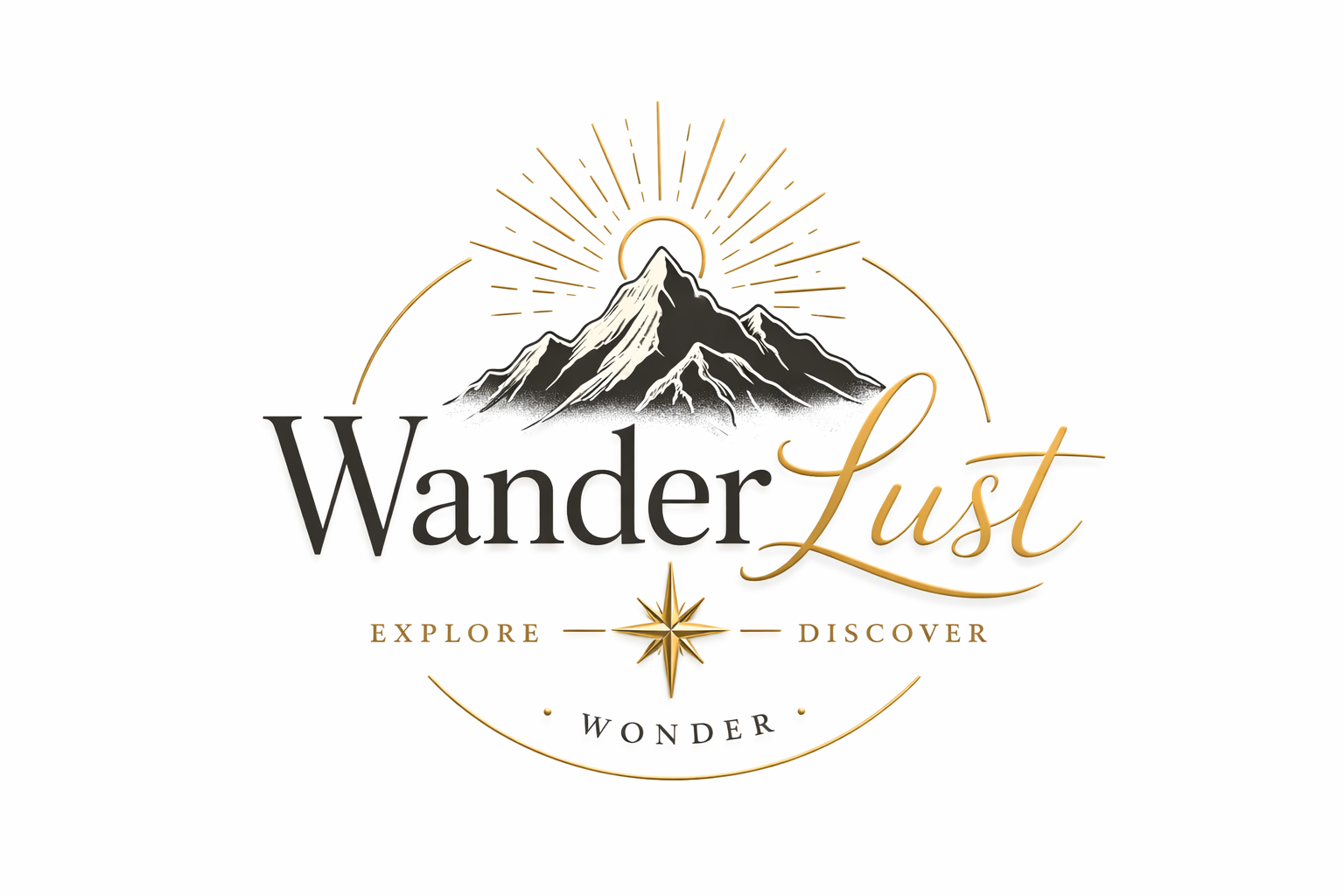 Wanderlust logo with mountains, a compass, and the words explore, discover, and wonder